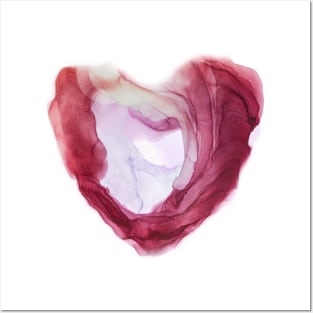 Abstract heart painted with alcohol ink. Sparkling red, pink, purple color. Posters and Art